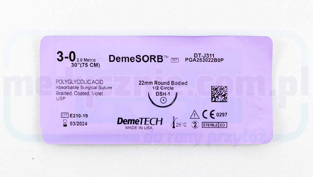 DEMECRYL Chirurgisches Nahtmaterial (resorbierbar) 3/0 75cm violett mit 1/2 22mm abgerundeter Nadel DEMETECH 1 Stück