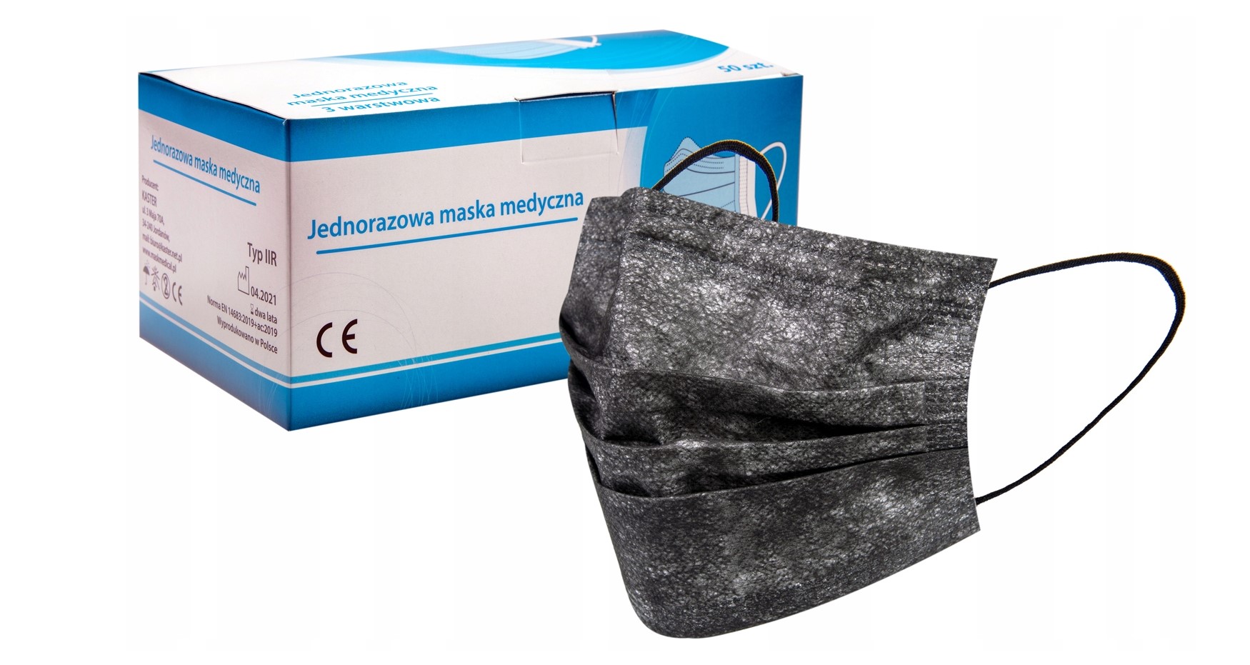 Schwarze chirurgische Maske Typ II 50 Stück medizinisch, dreilagig, auf Gummiband