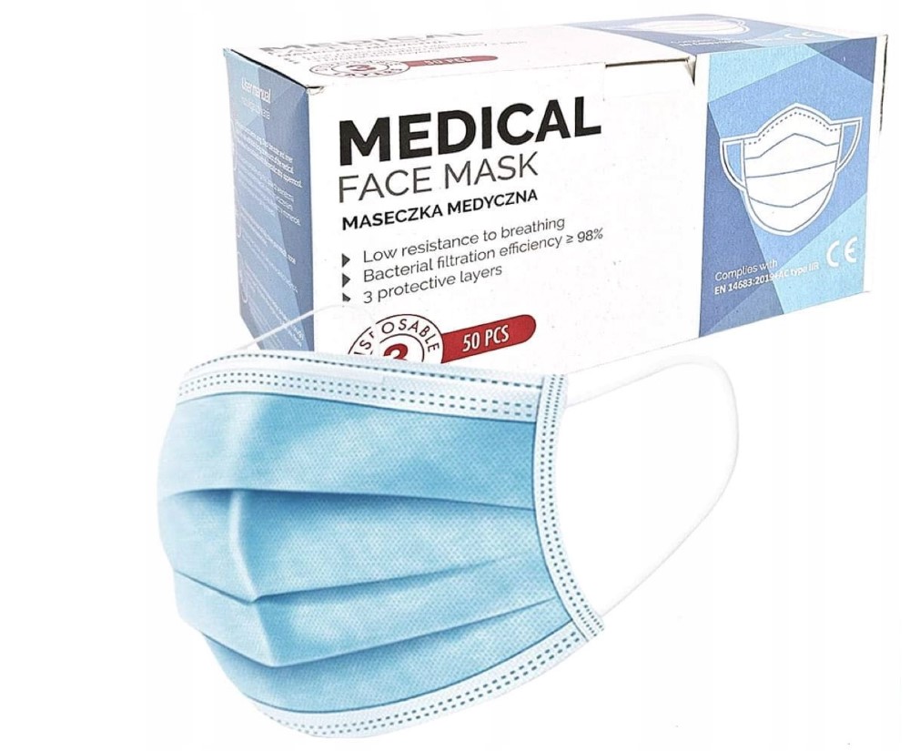 Blaue chirurgische Maske Typ IIR 50 Stück medizinisch, dreilagig, auf Gummiband